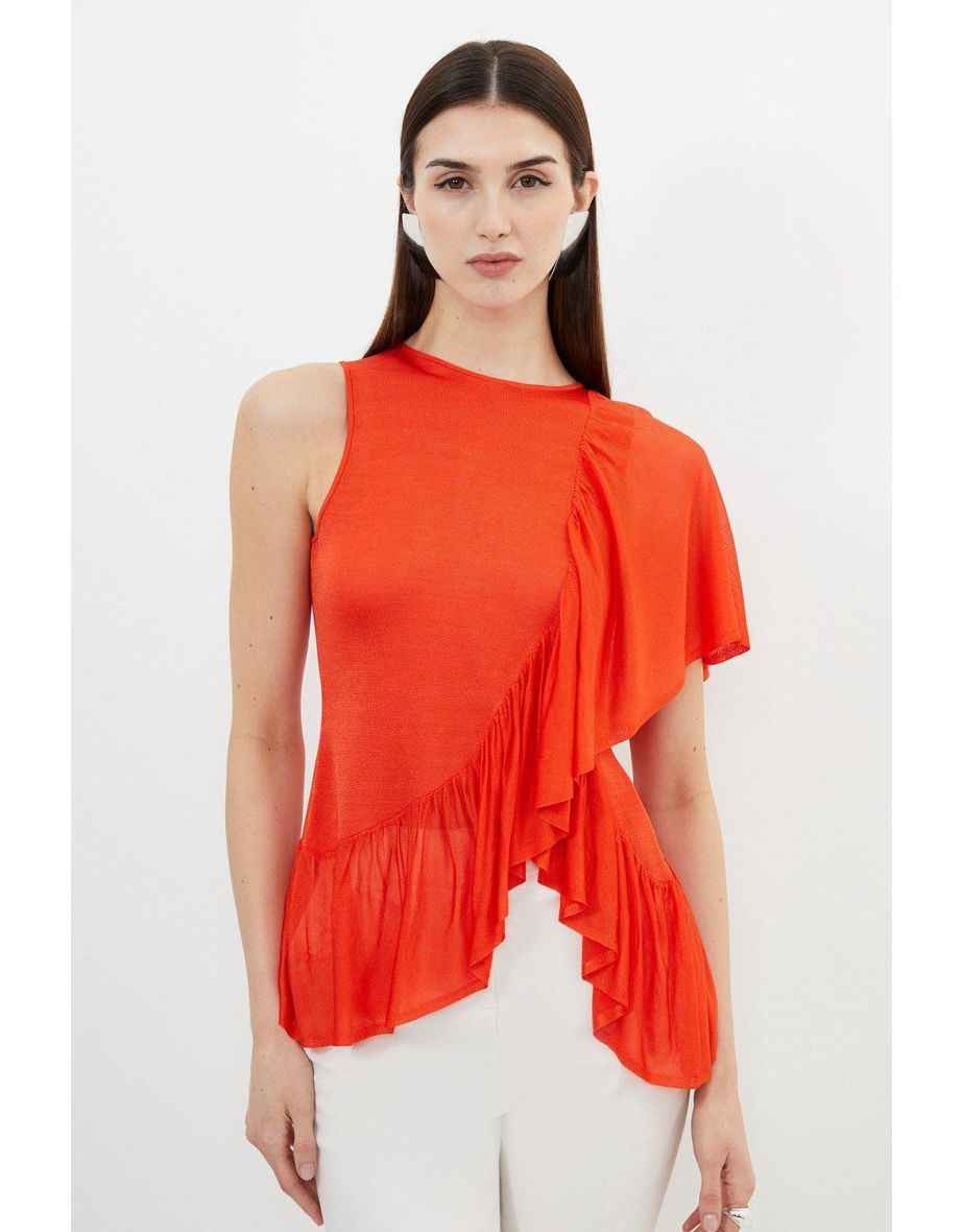 Slinky Viscose Blend Knit Mix Ruffle Top