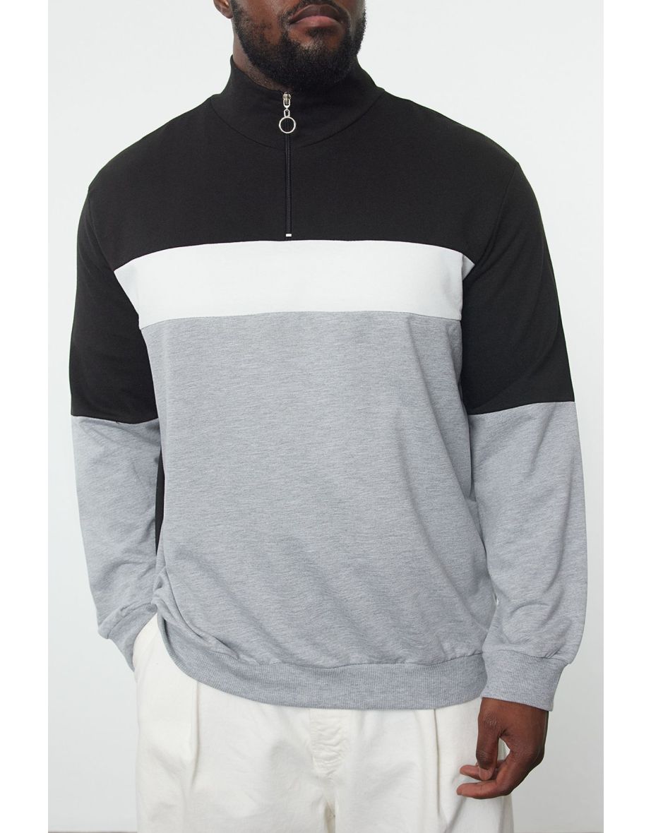 Large Size Black Slim/Narrow Cut Paneled Long Sleeve Judge Collar Zipper Sweatshirt - 4