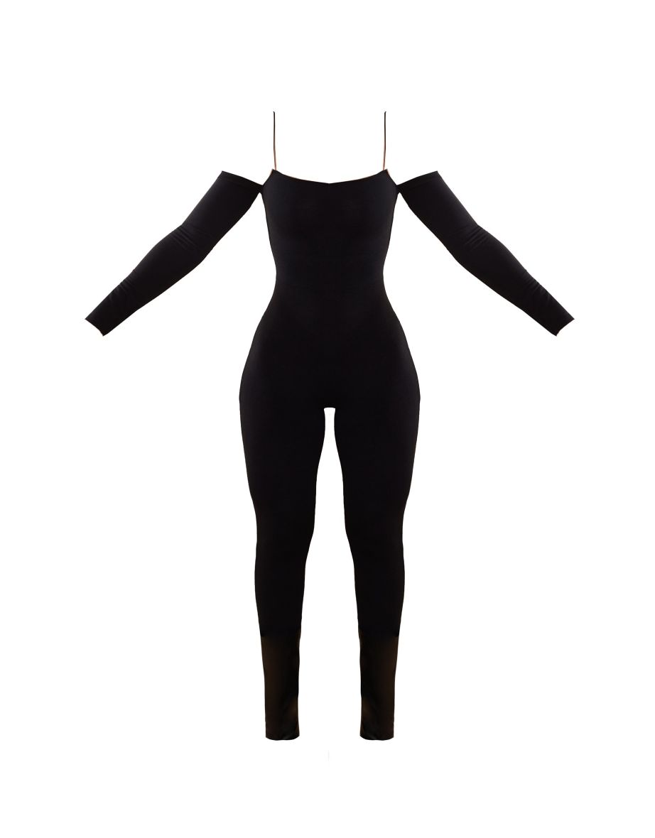 Black Jersey Spaghetti Strap Cold Shoulder Jumpsuit - 4
