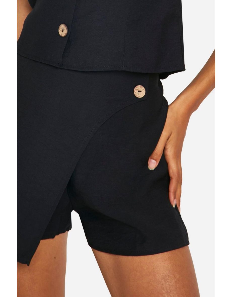 Linen Look Wrap Front Skort - black - 3