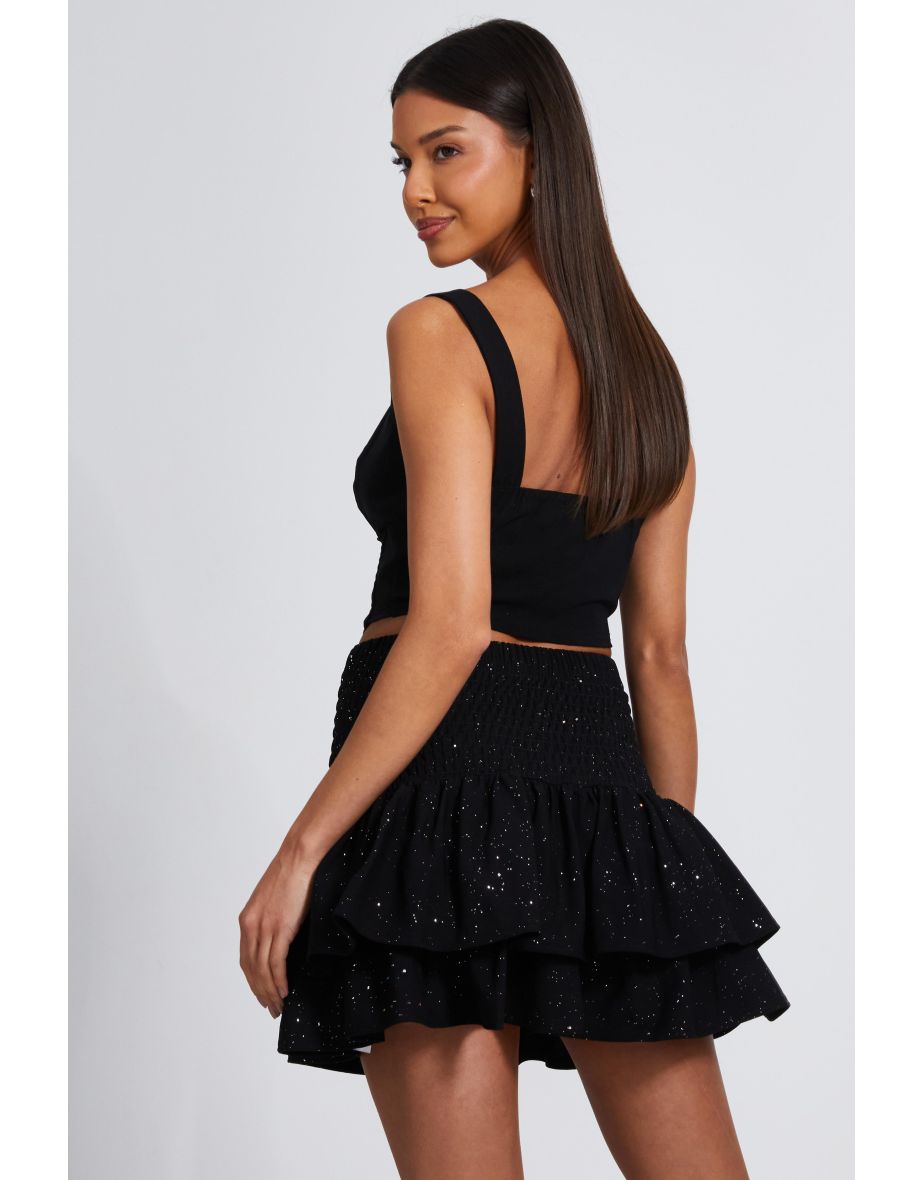Black Glitter Shirred Waist Skirt - 5