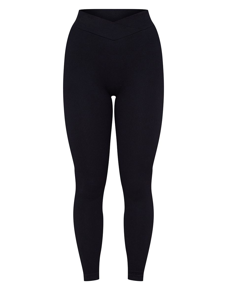 Black Contour Rib V Front Waistband Leggings - 4