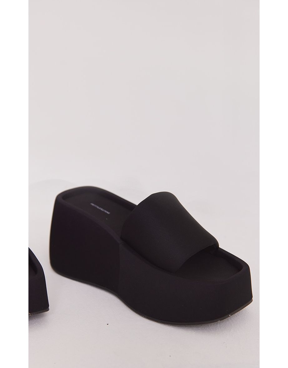 Black Stretch Chunky Platform Wedge Heel Sliders - 3