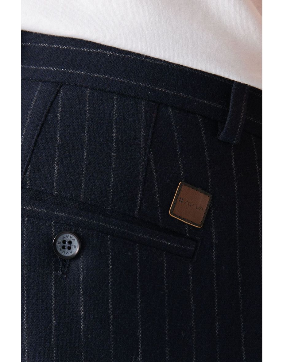 Men's Navy Blue Wool Pleated Pleated Stripe Relaxed Fit Casual Cut Suit Pants - 4