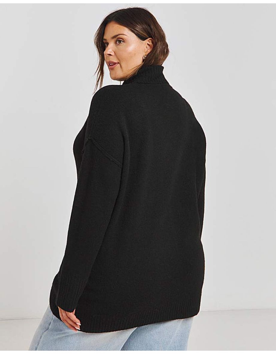 Black Longline Roll Neck Jumper - 3