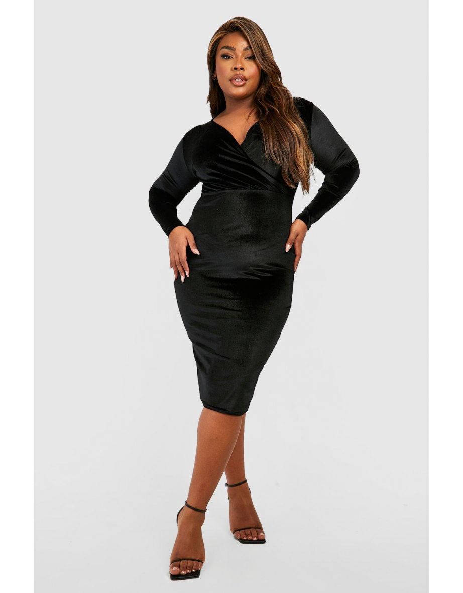 Plus Velvet Wrap Midi Dress - black