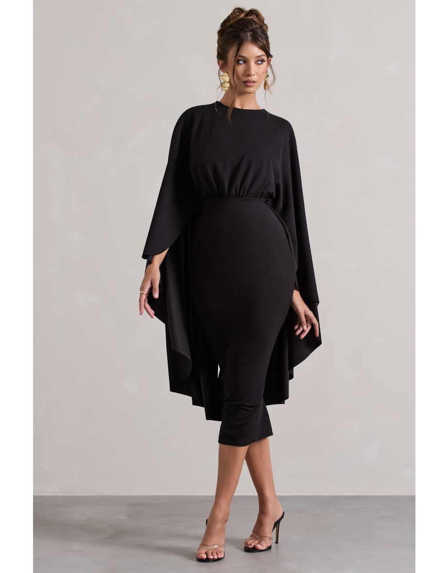 Tranquility | Black Gathered Midi Dress With Cape