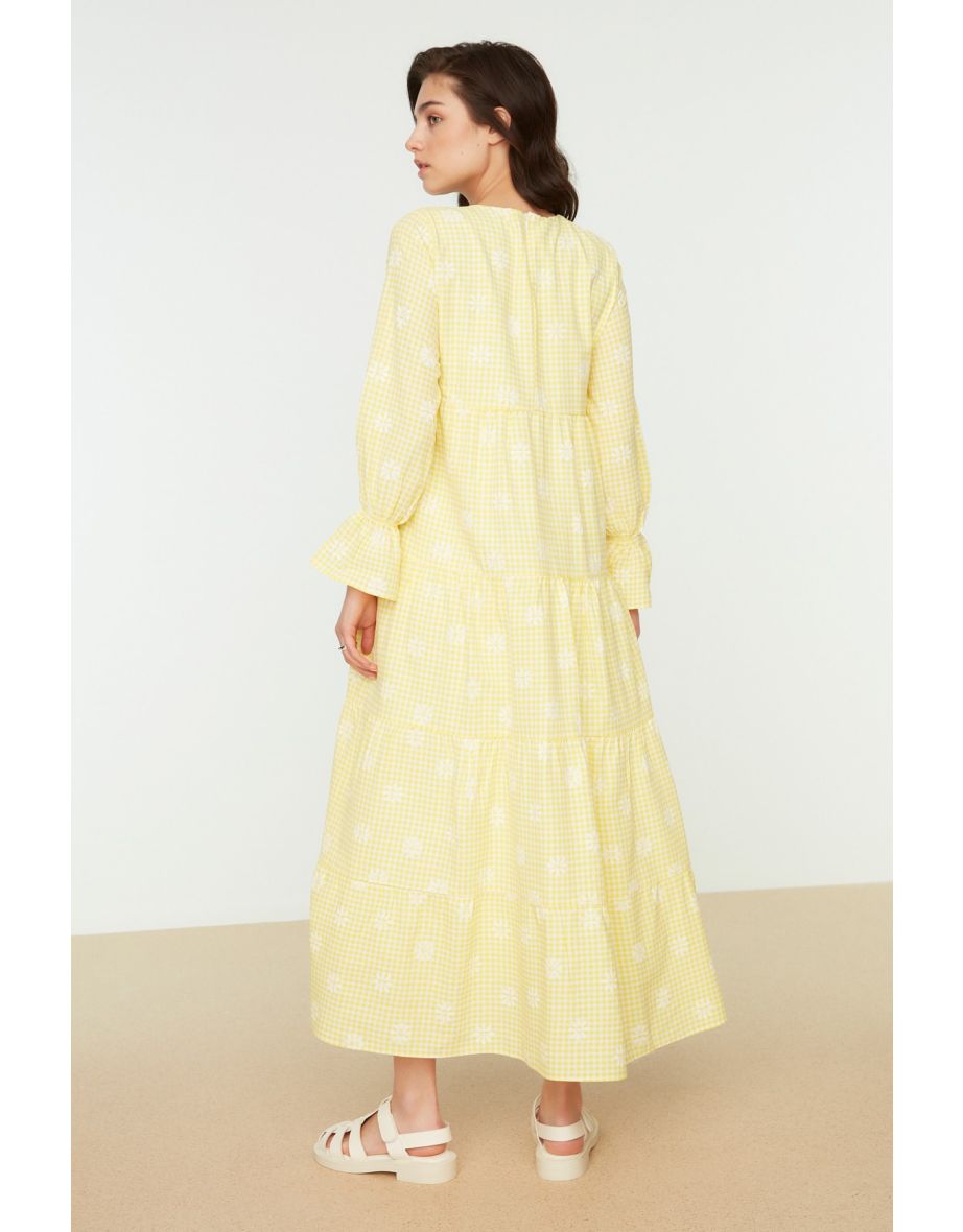 Yellow A-Line Maxi Skater Dress with Long Sleeves - 4