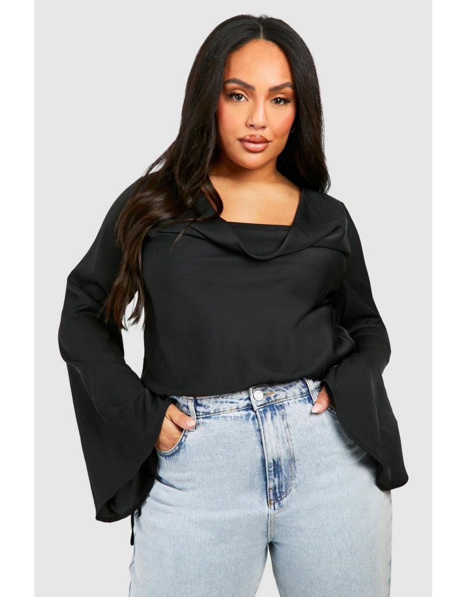 Plus Cowl Flare Sleeve Blouse - black