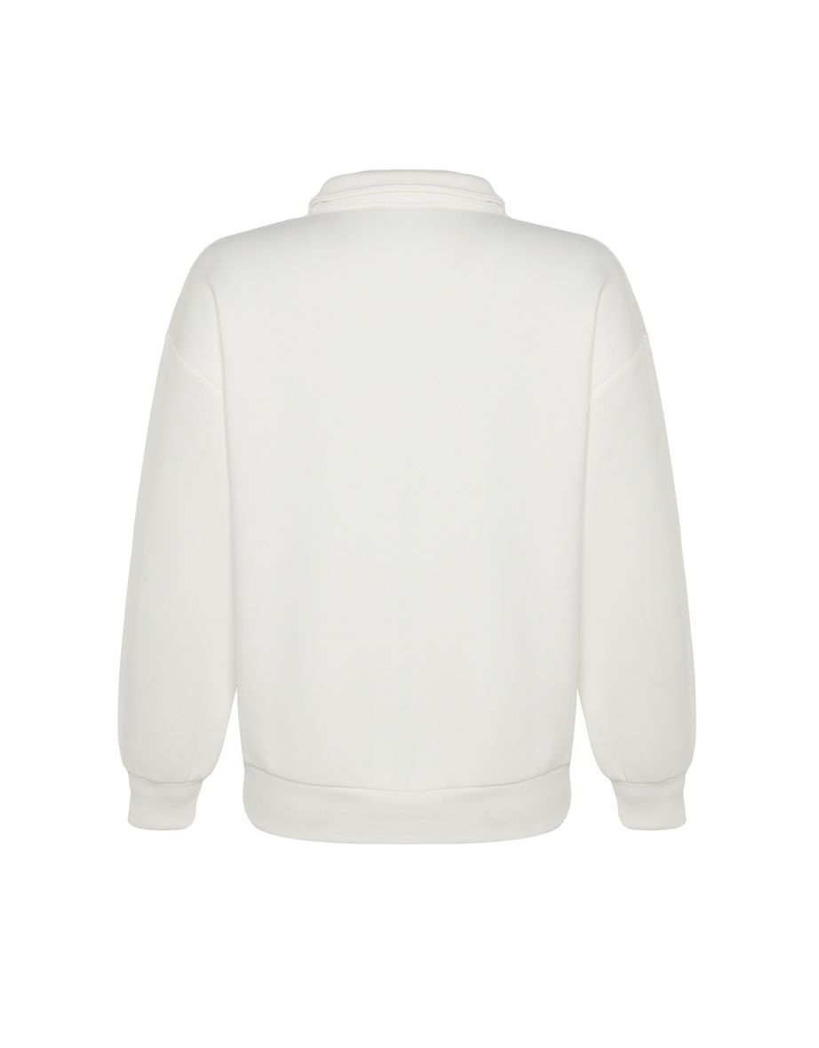 Ecru Shirt Collar with Embroidery Regular Fit Knitted Sweatshirt with Fleece Inside . - 6