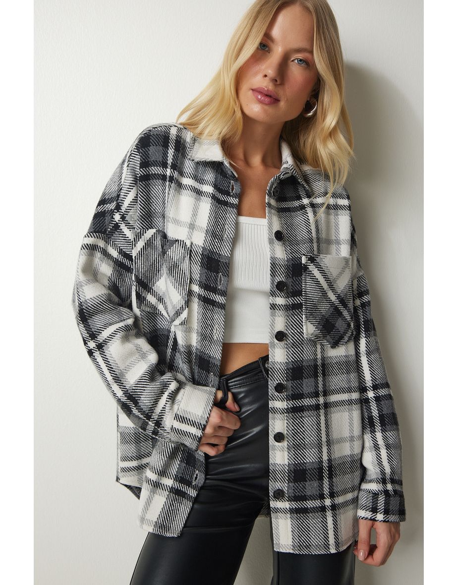 Women's Black and White Patterned Oversize Stamp Lumberjack Shirt