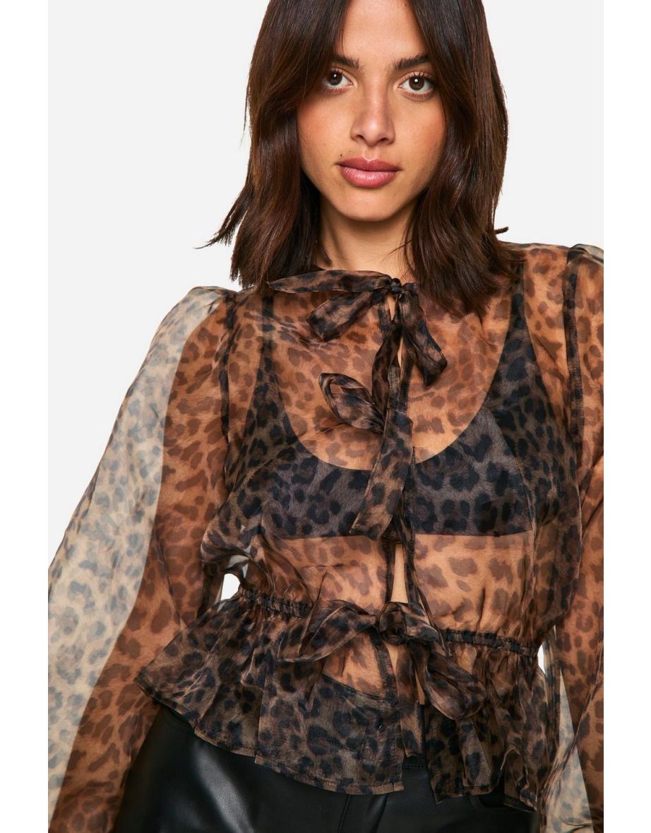 Organza Leopard Print Tie Front Puff Long Sleeve Top - leopard - 3