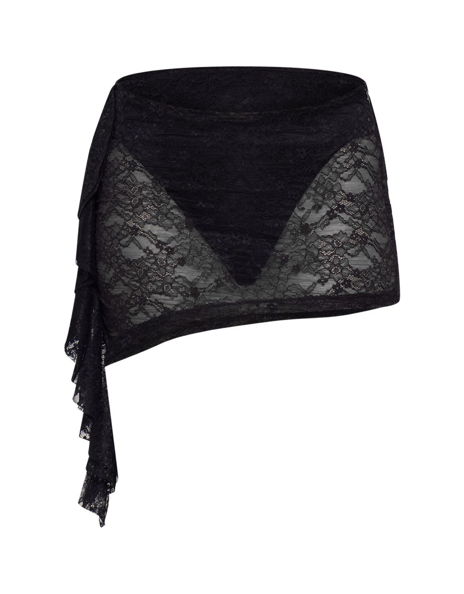 Black Lace Frill Asymmetric Low Rise Micro Mini Skirt
