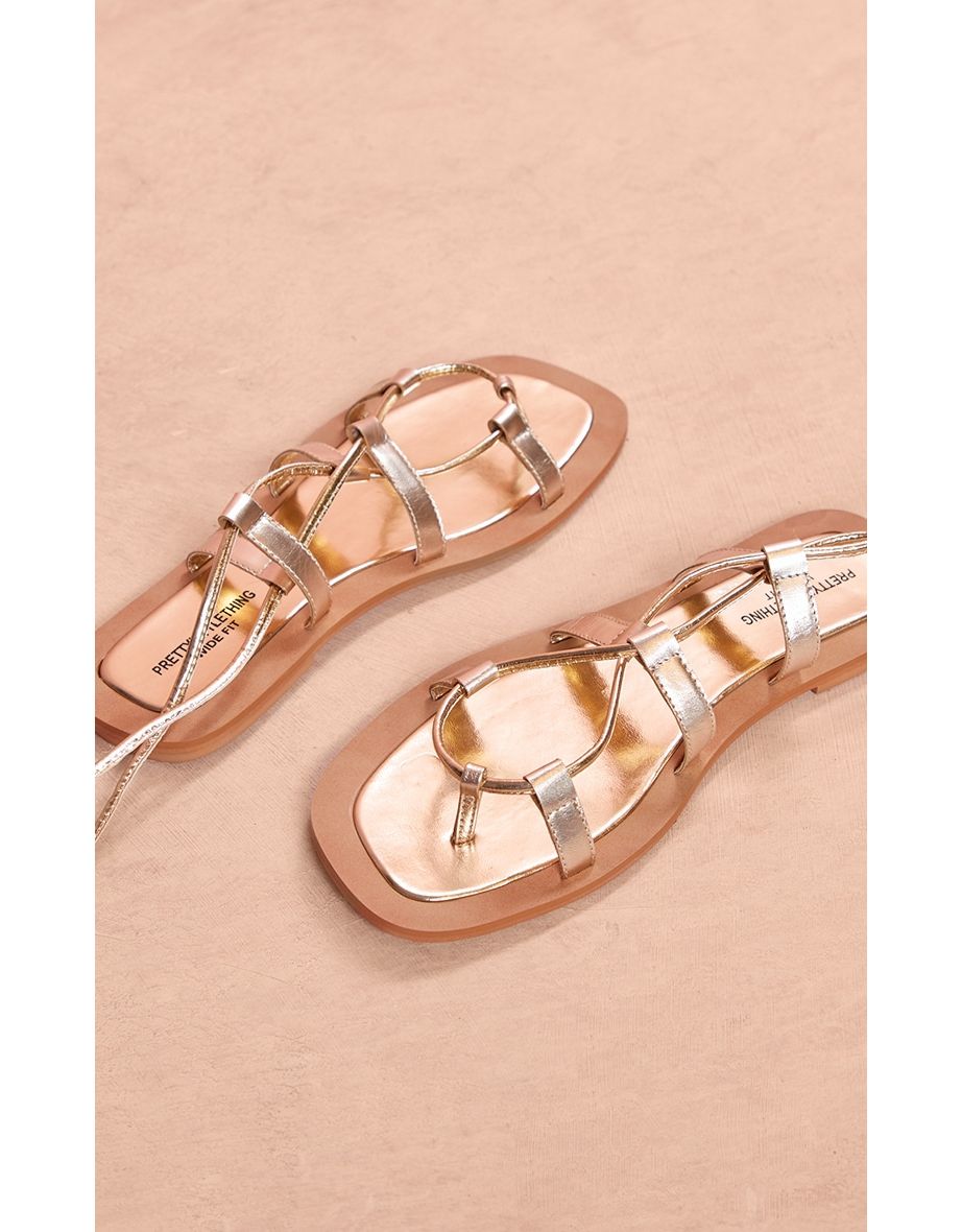 Gold Wide Fit Real Leather Round Toe Lace Up Flat Sandals - 3