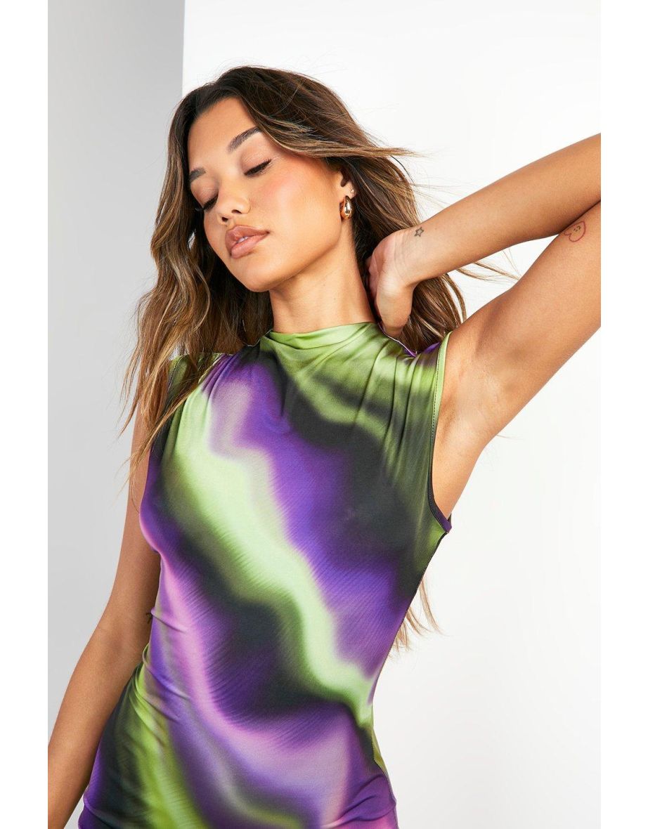 Abstract Slinky High Neck Mini Dress - purple - 3
