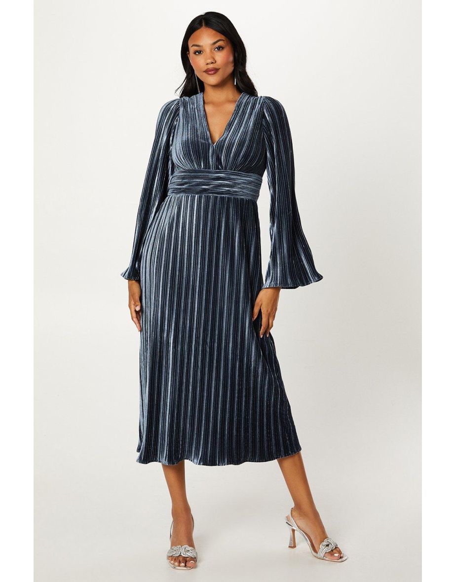 Pleated Velvet Long Sleeve Pencil Dress