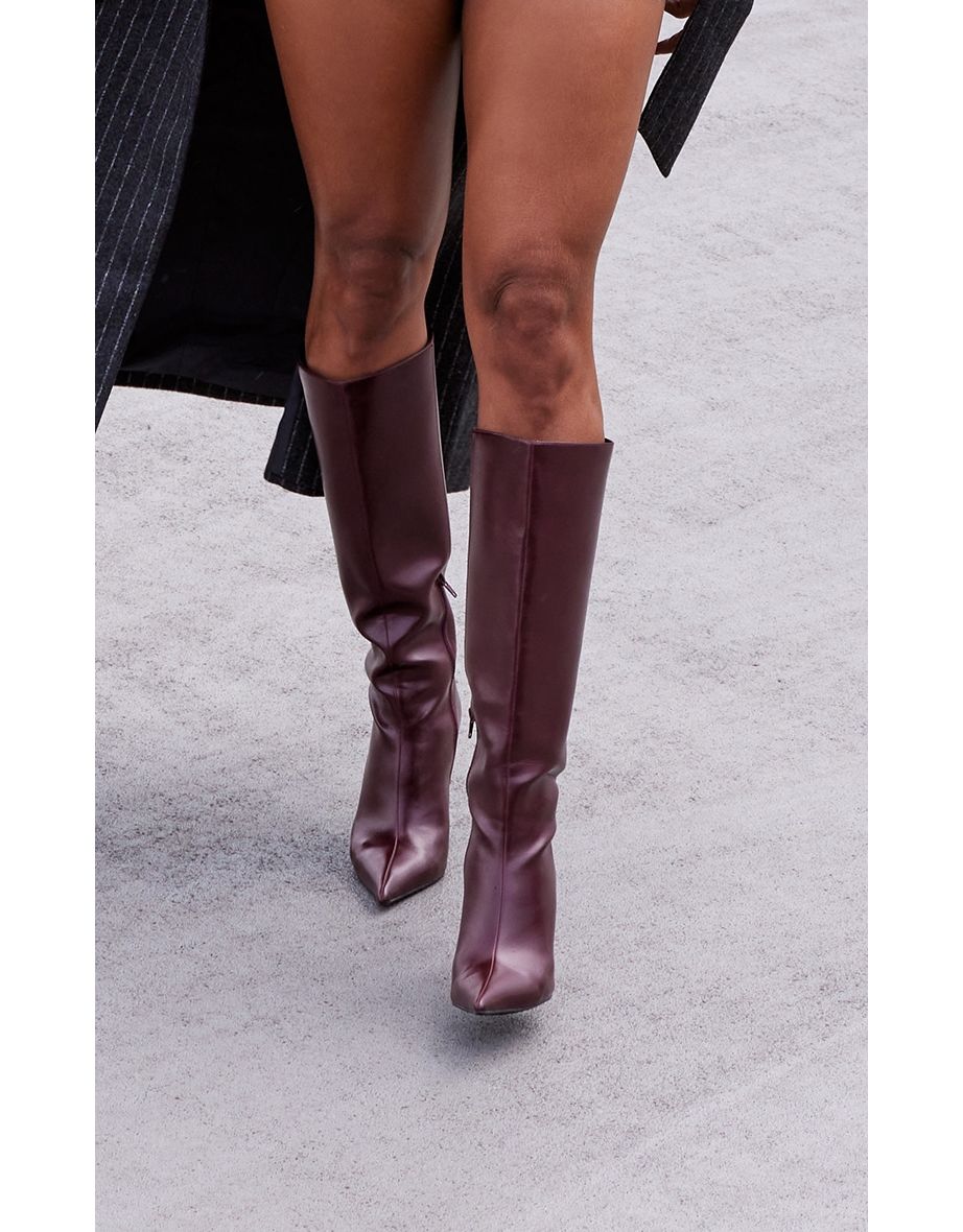 Burgundy Pu Point Toe Knee High Stiletto Heeled Boots - 3
