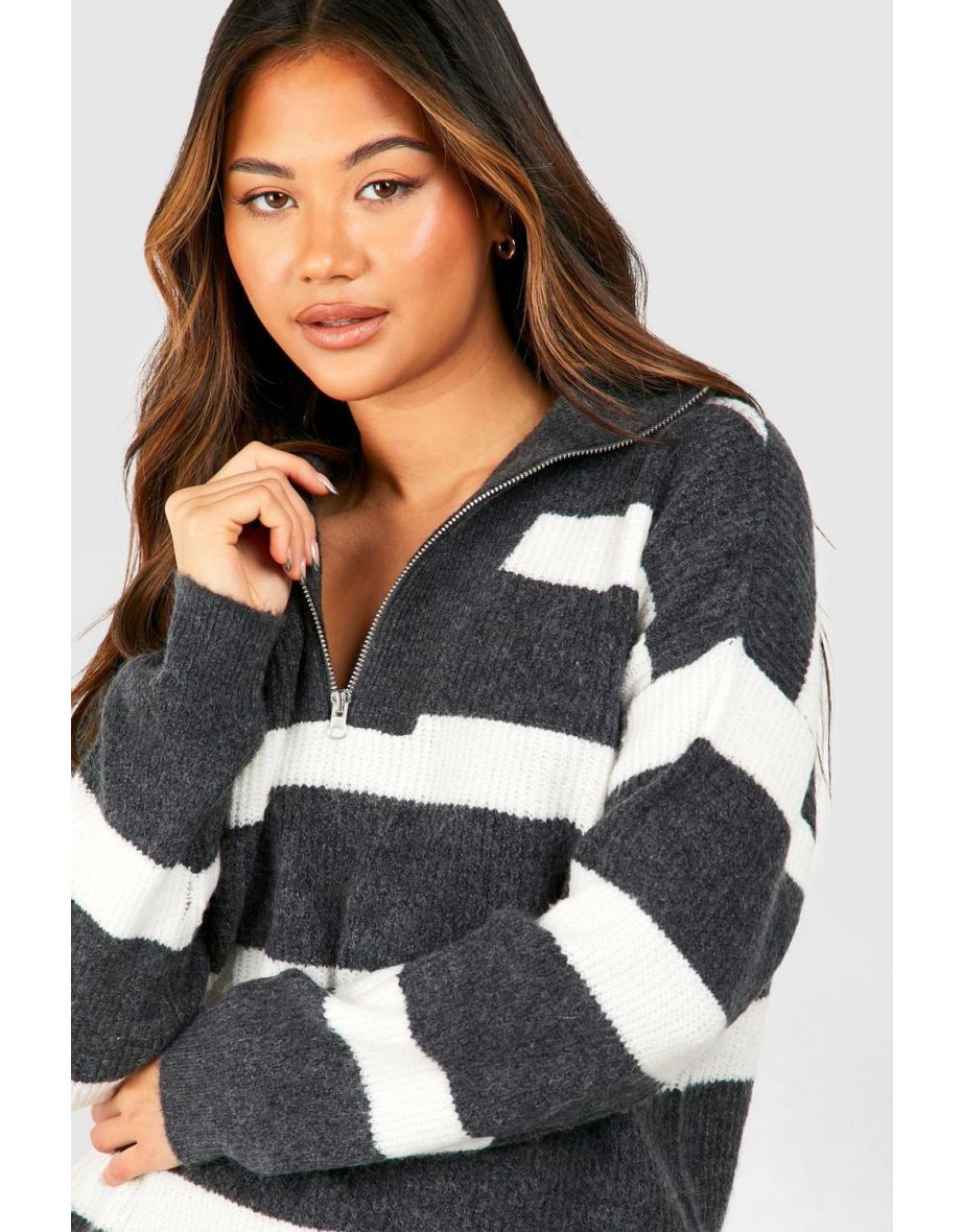 Half Zip Funnel Neck Stripe Jumper - charcoal - 3