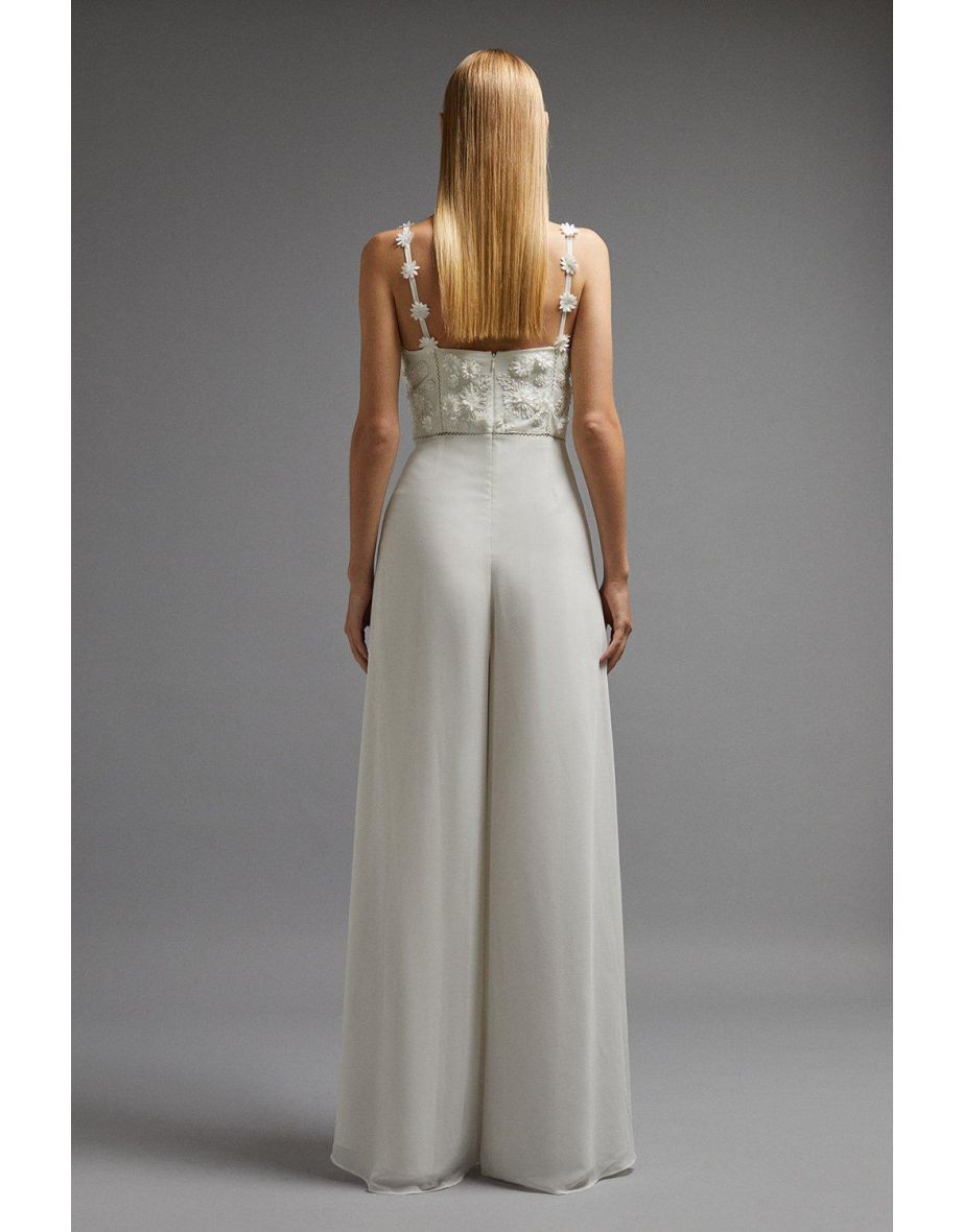 Embroidered Bodice Flower Strap Jumpsuit - 2