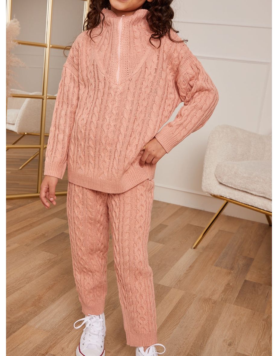 Girls Roll Neck Zip Up Cable Knit Loungewear Set in Pink - 4