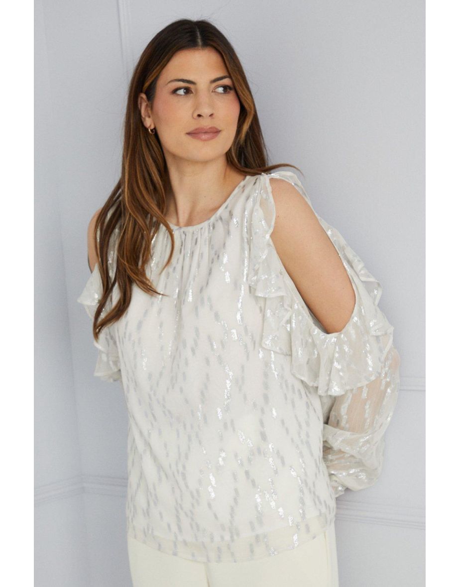Metallic Spot Ruffle Cold Shoulder Top - 3