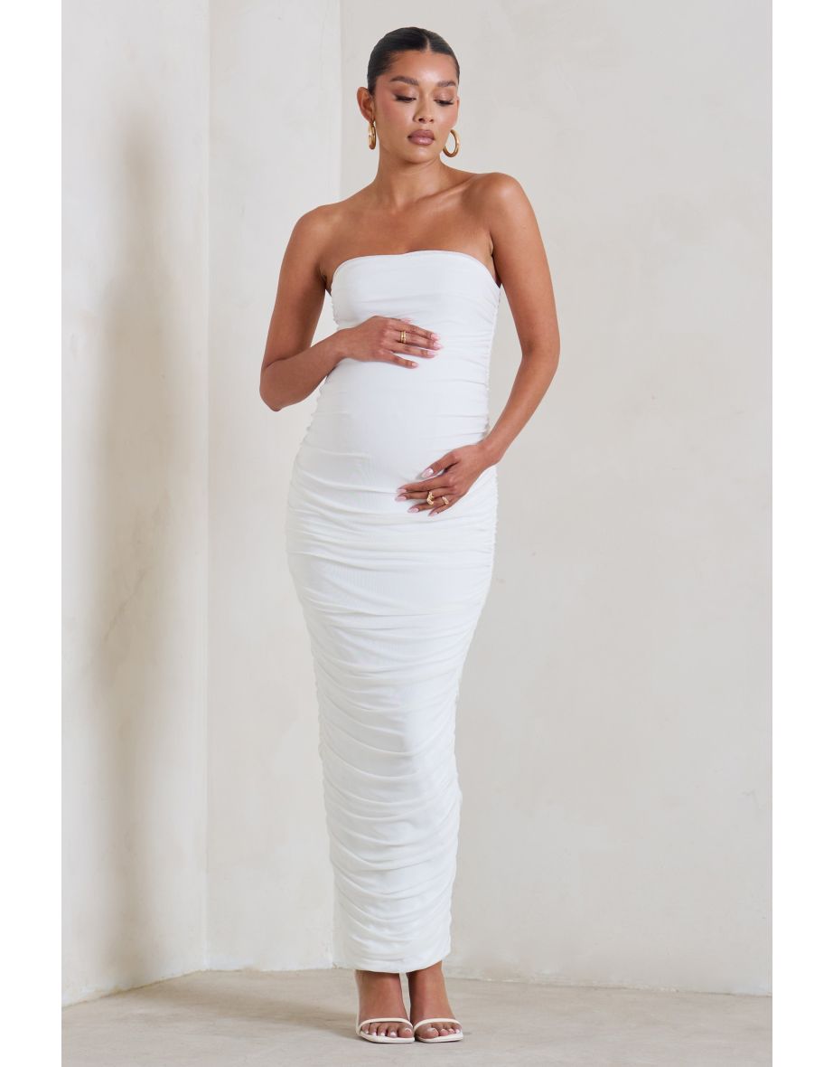 My Lady | Maternity White Strapless Bodycon Ruched Mesh Midi Dress