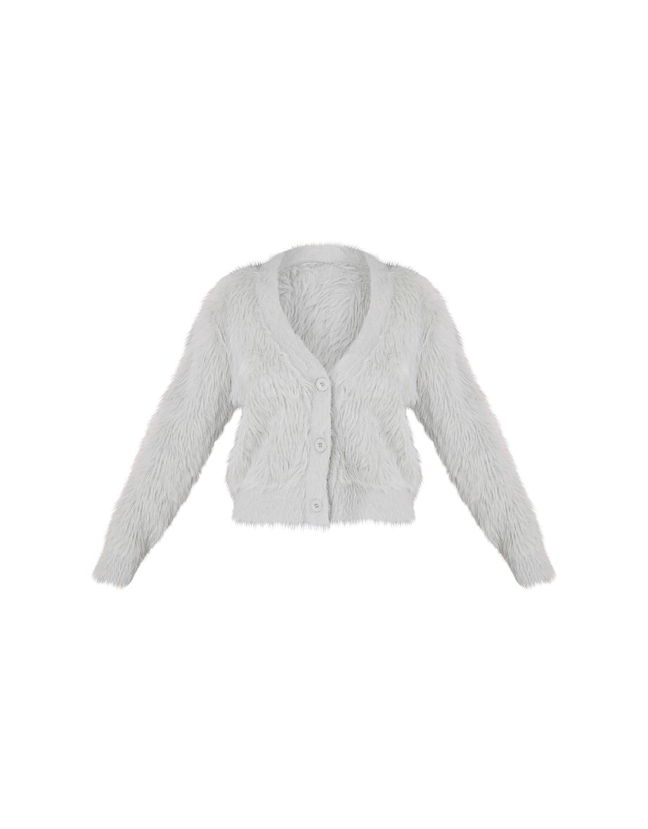 Petite Grey Fluffy Knit V Neck Cardigan - 4