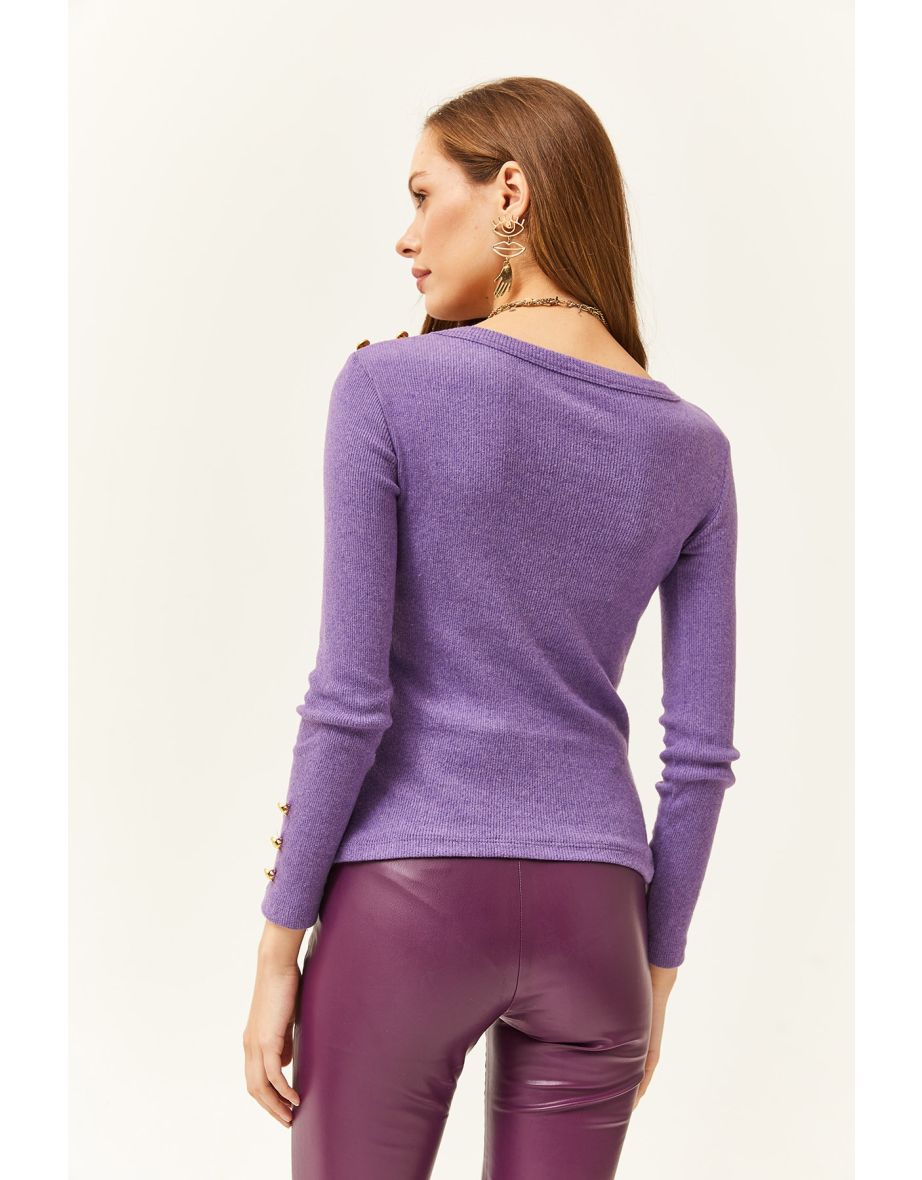 Women's Purple Shoulder and Cufflinks Raised Lycra Blouse - 5