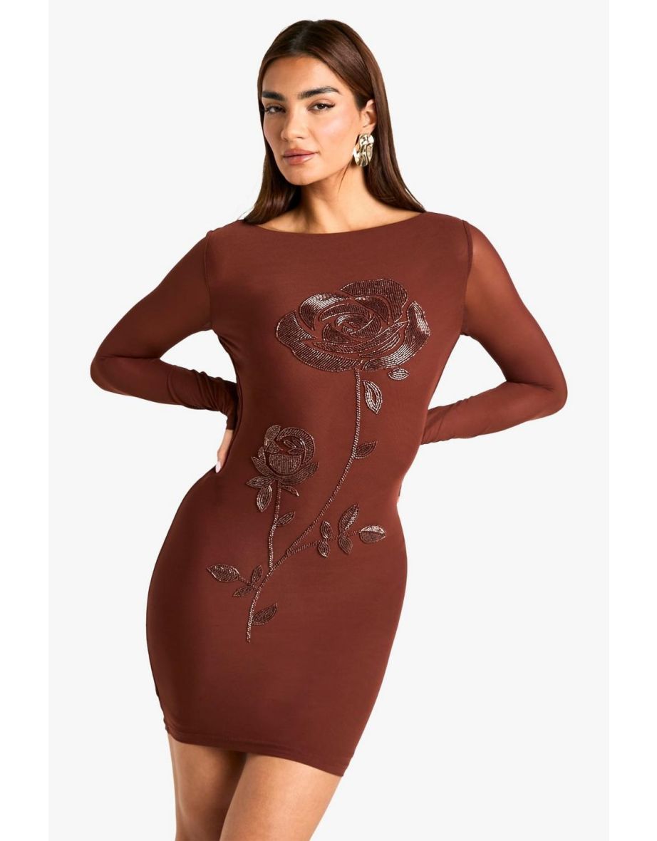 Floral Hand Embellished Scoop Back Mini Dress