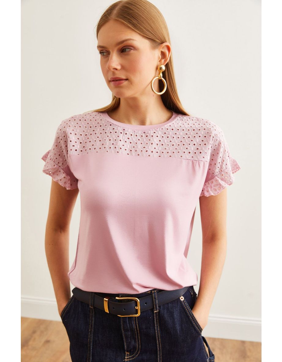 Women's Dried Rose Top Scallop Sleeve Flounce T-Shirt