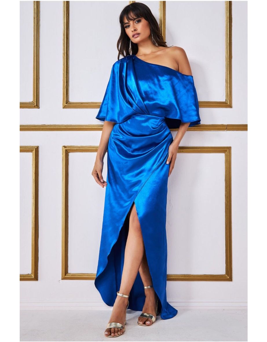 Goddiva Satin Drape Shoulder Wrap Maxi Dress - Royal Blue