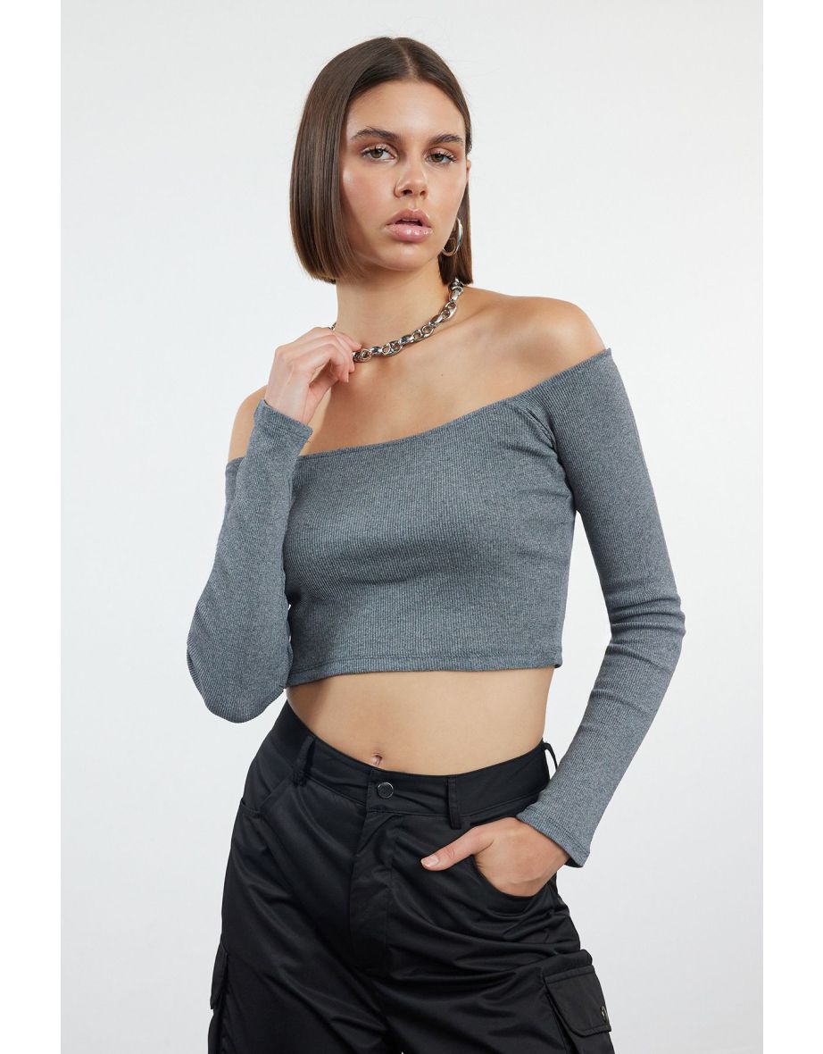 Dark Gray Fitted Super Crop Carmen Collar Ribbed Stretch Knitted Blouse