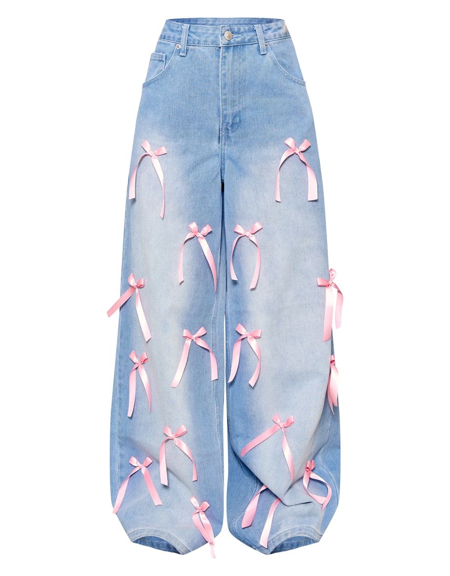 Light Wash Ribbon Bow Detail Wide Leg Jeans - 4