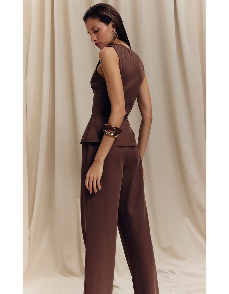 Chocolate Brown High Neck Waistcoat Straight Leg Jumpsuit - 3