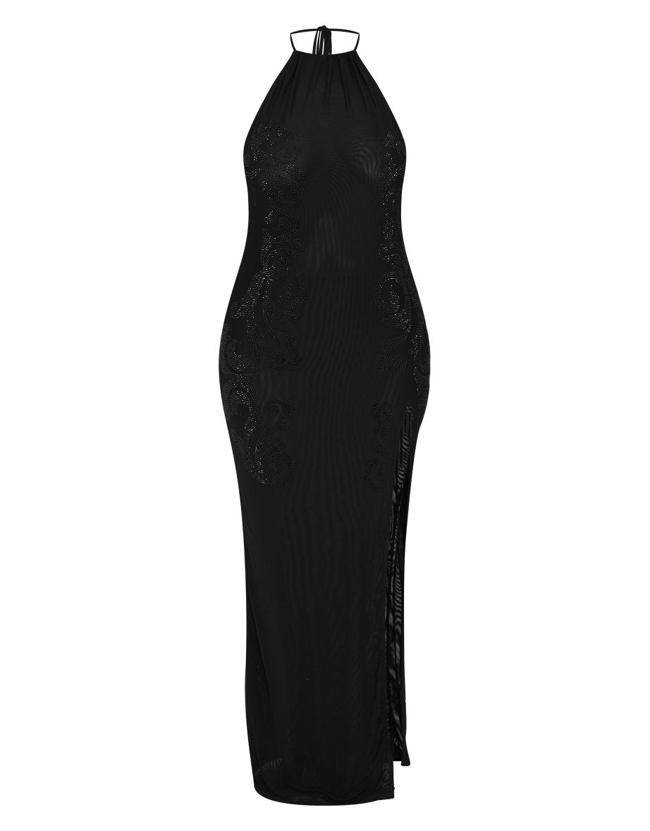 Plus Black Lined Mesh Diamante Detail Split Maxi Dress - 4