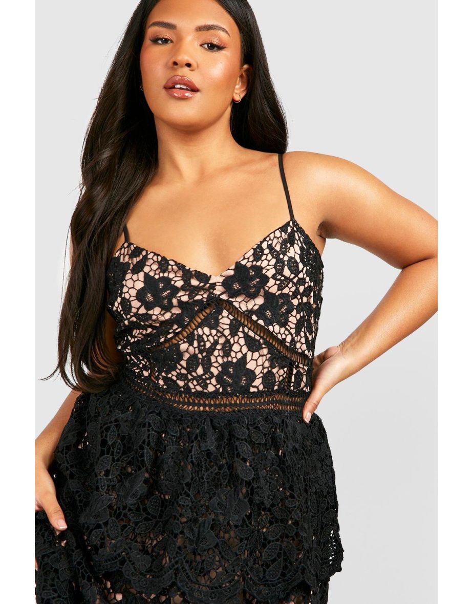 Plus Premium Lace Peplum Skater Dress - black - 3