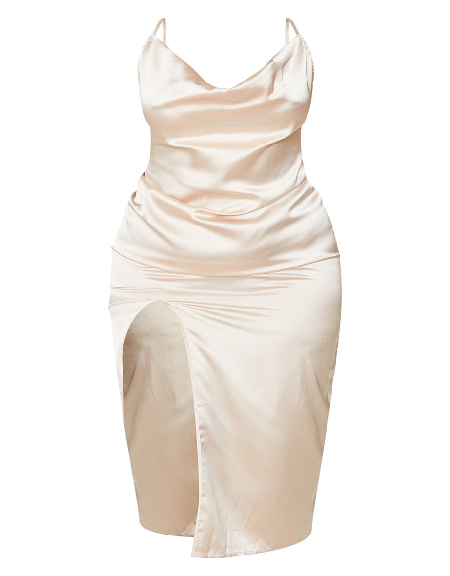 Plus Champagne Strappy Satin Cowl Midi Dress - 4