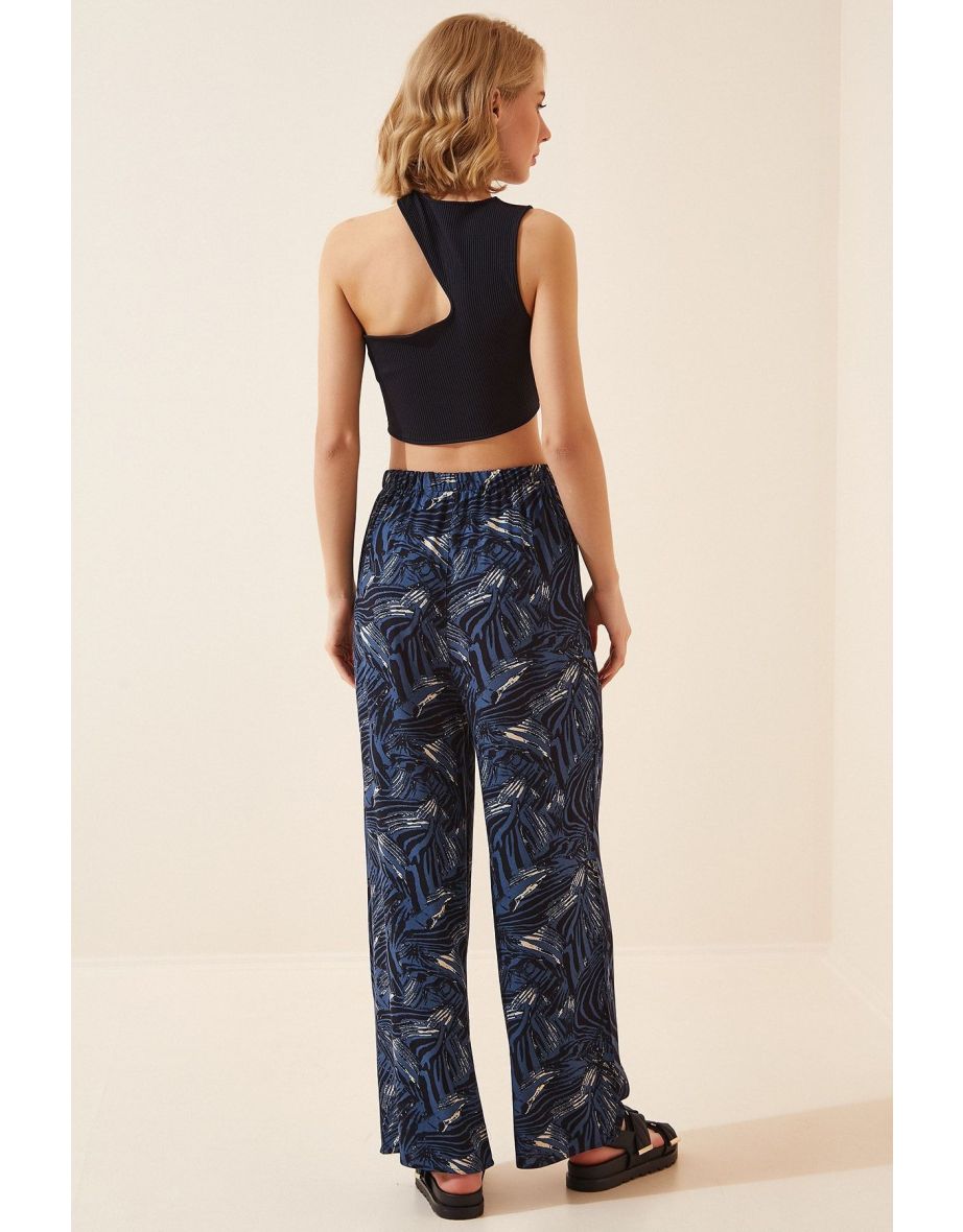 Women's Cobalt Blue High Waist Summer Wide Viscose Pants - 2