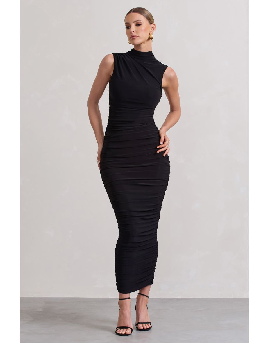 Jaded | Black Bodycon Ruched High-Neck Open-Back Maxi Dress - 4