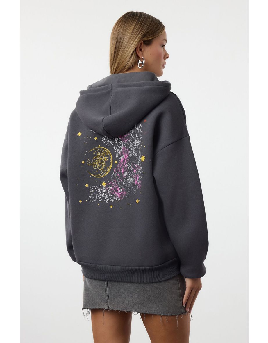 Anthracite Thick Fleece Hooded Printed Oversize/Wide Fit Knitted Sweatshirt - 4