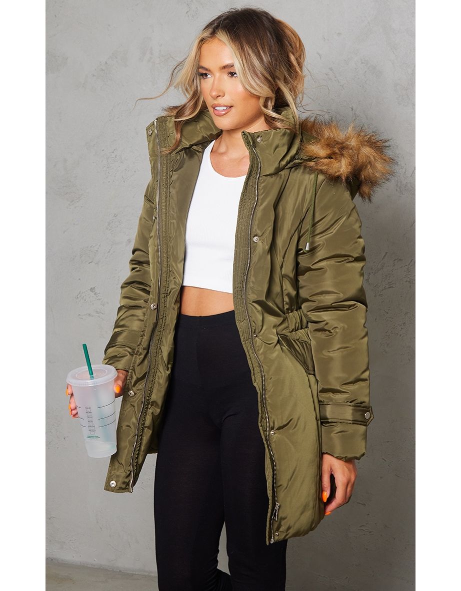 Khaki puffer jacket sales with faux fur hood