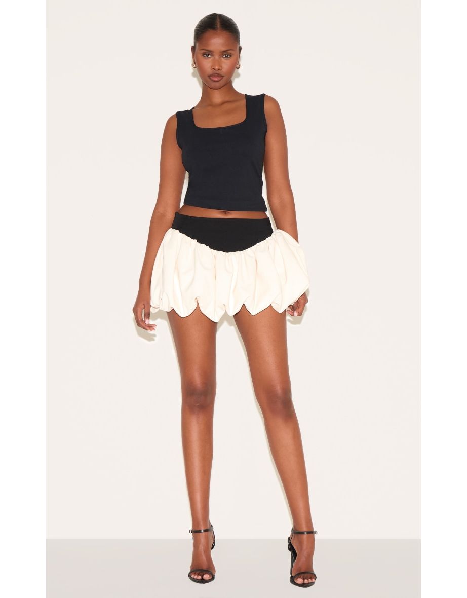 Black Contrast Dip Waist Puffball Mini Skirt