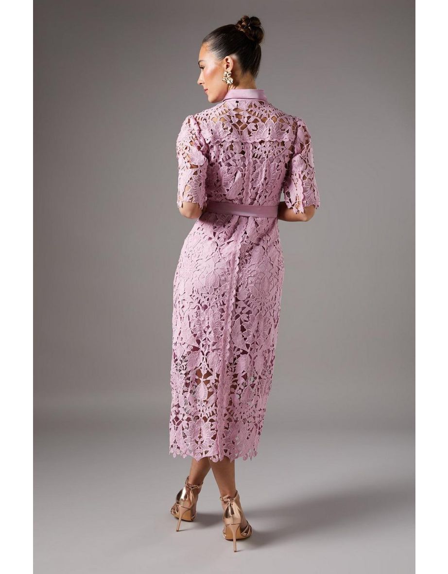 Lace Shirt Dress With Short Sleeves - 3