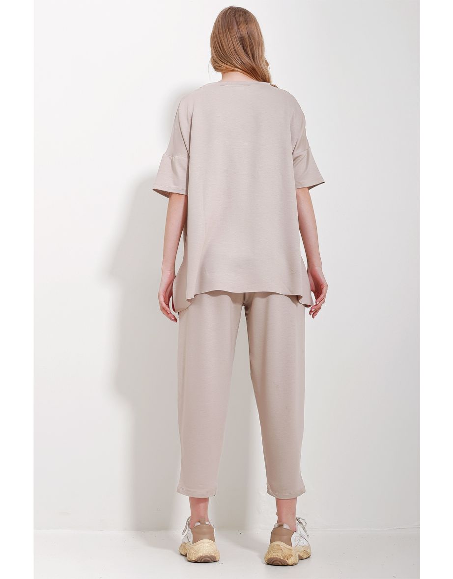 Women's Beige Crew Neck Asymmetric Cut Coated Blouse And Pants - 6