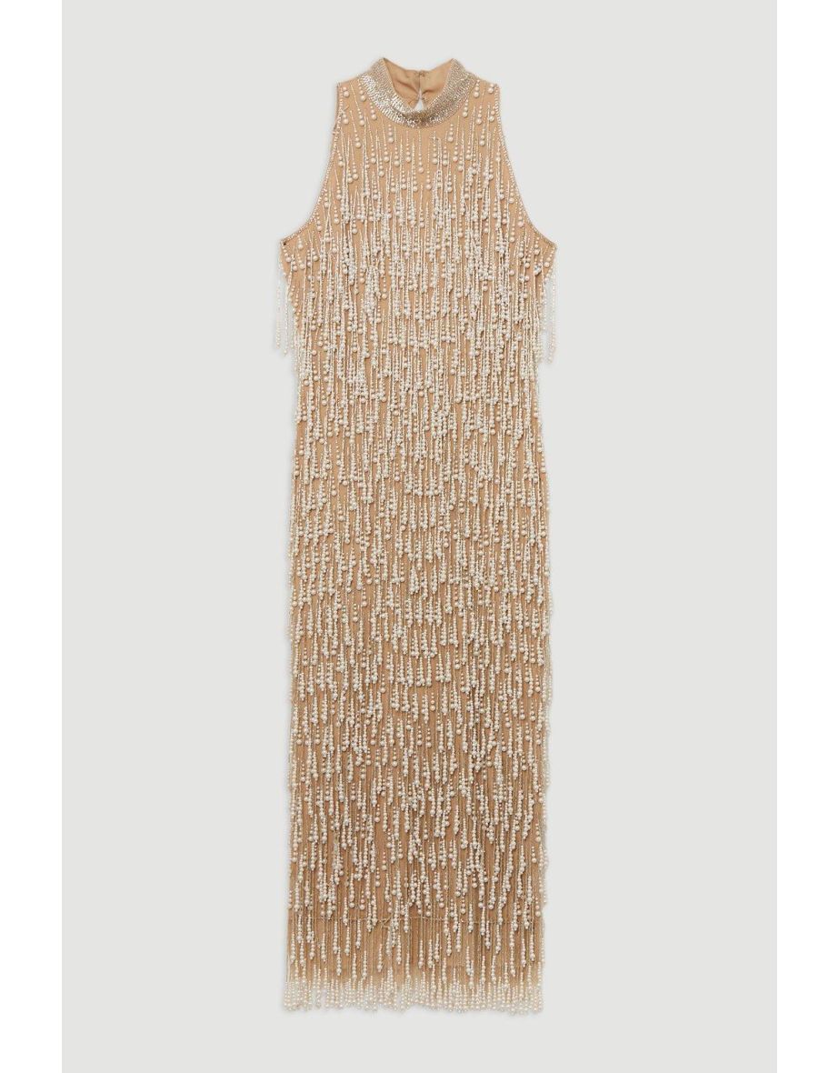 Pearl Tassel Embellished Halter Neck Woven Midi Dress - 3