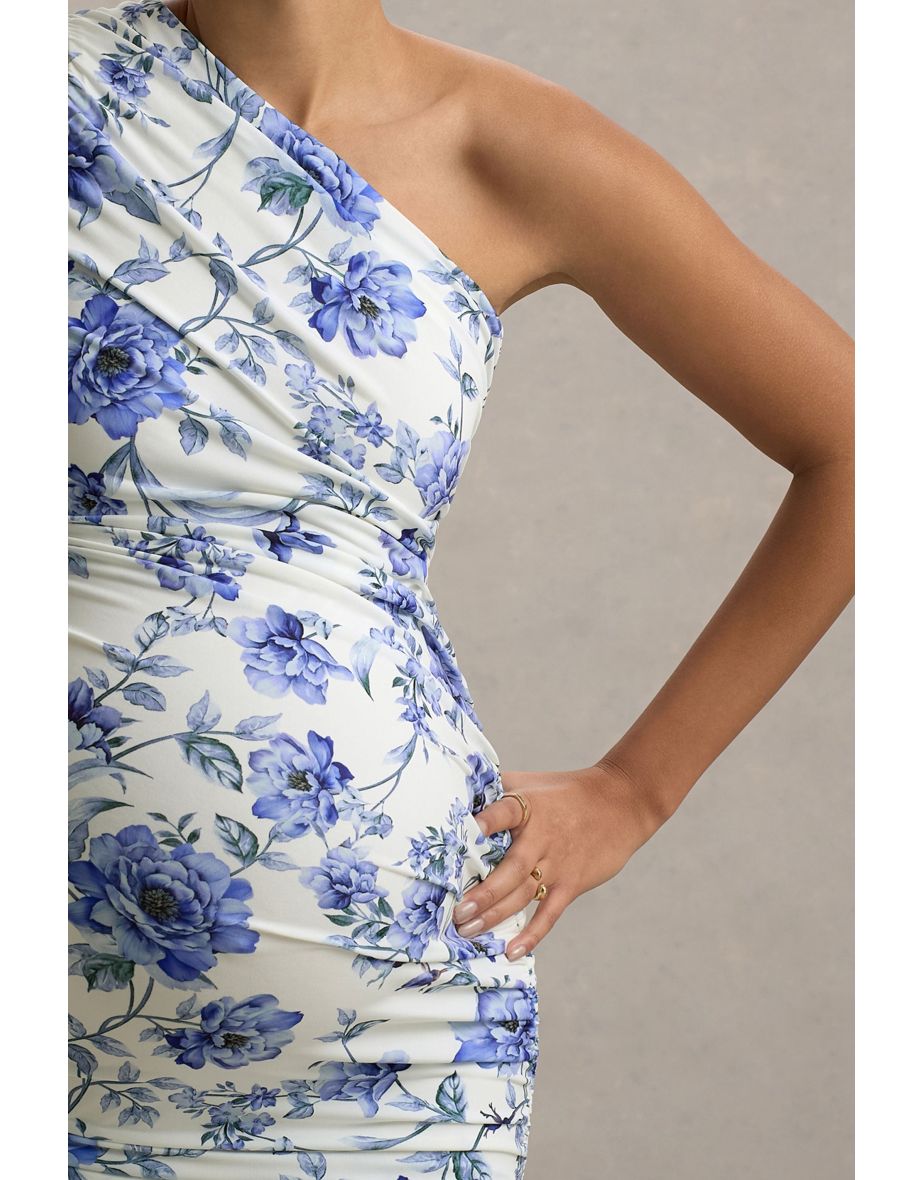 Late Night | Blue Floral Print Maternity Ruched One Shoulder Midi Dress - 5