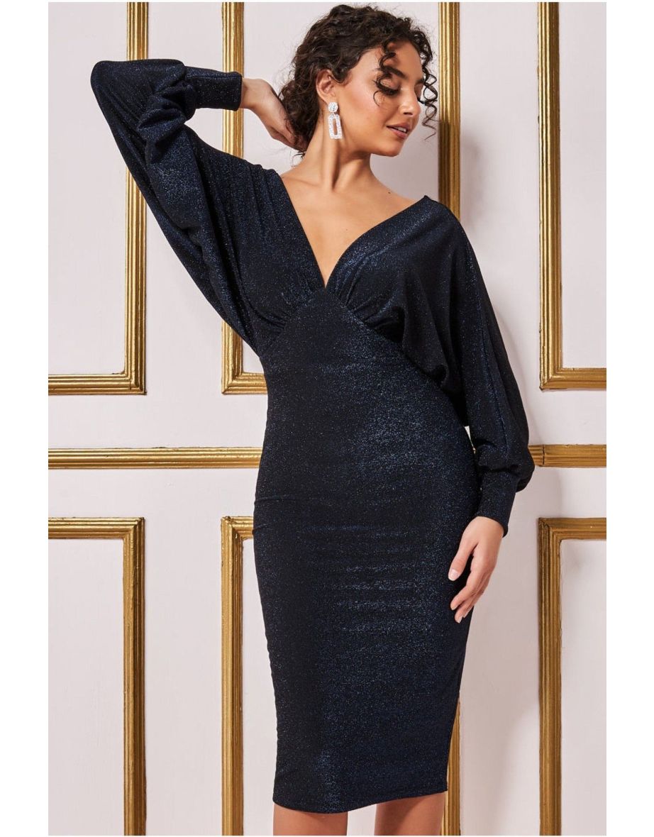 Goddiva Kimono Sleeve Lurex Midi Dress - Navy