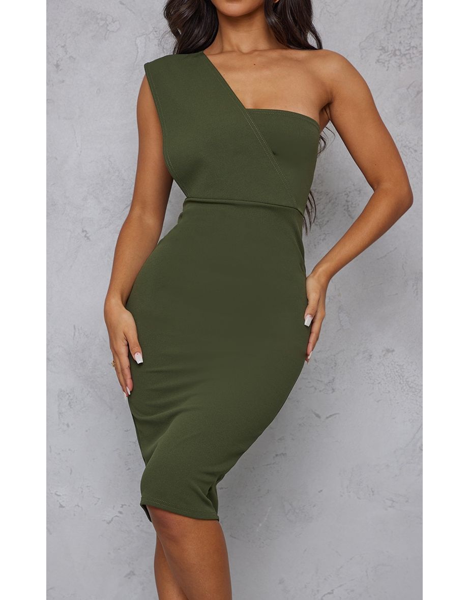 Petite Khaki One Shoulder Drape Midi Dress - 3
