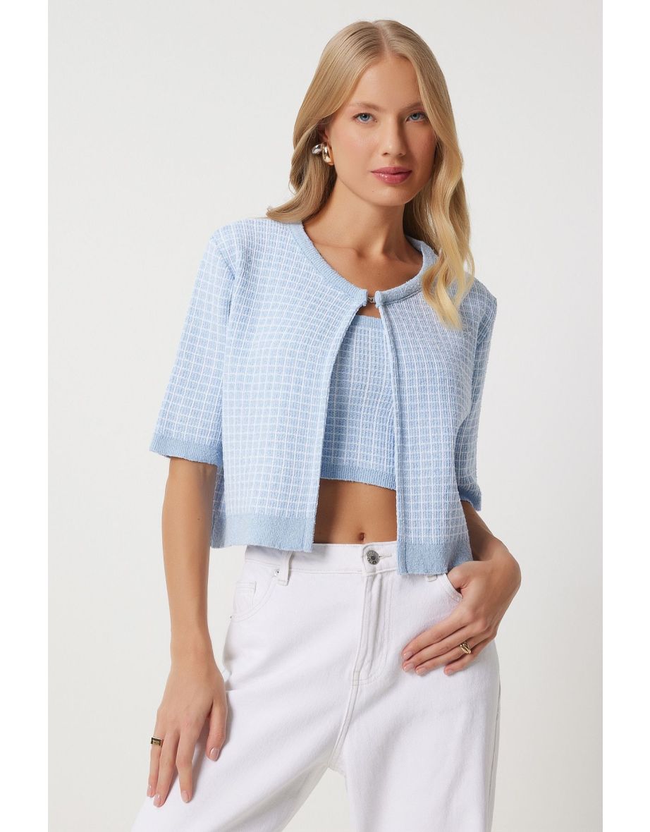 Women's Baby Blue Knitwear Crop Cardigan Set