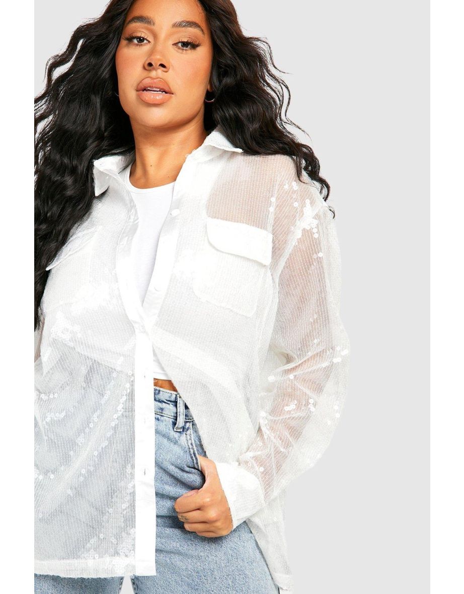 Plus Iridescent Sequin Shirt Top - ecru - 3